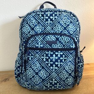 VERA BRADLEY Backpack CUBAN TILEs Campus Tech College School Laptop Blue 12x15x9